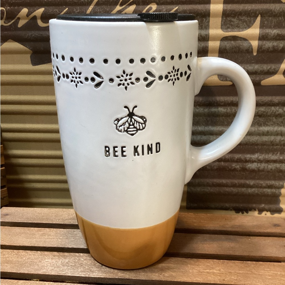 Bee Kind White and Tan Ceramic Travel Mug